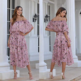 Women Casual Off Shoulder Floral print Sexy short Sleeve Tie waist Ruffle Layer Dress Sai Feel